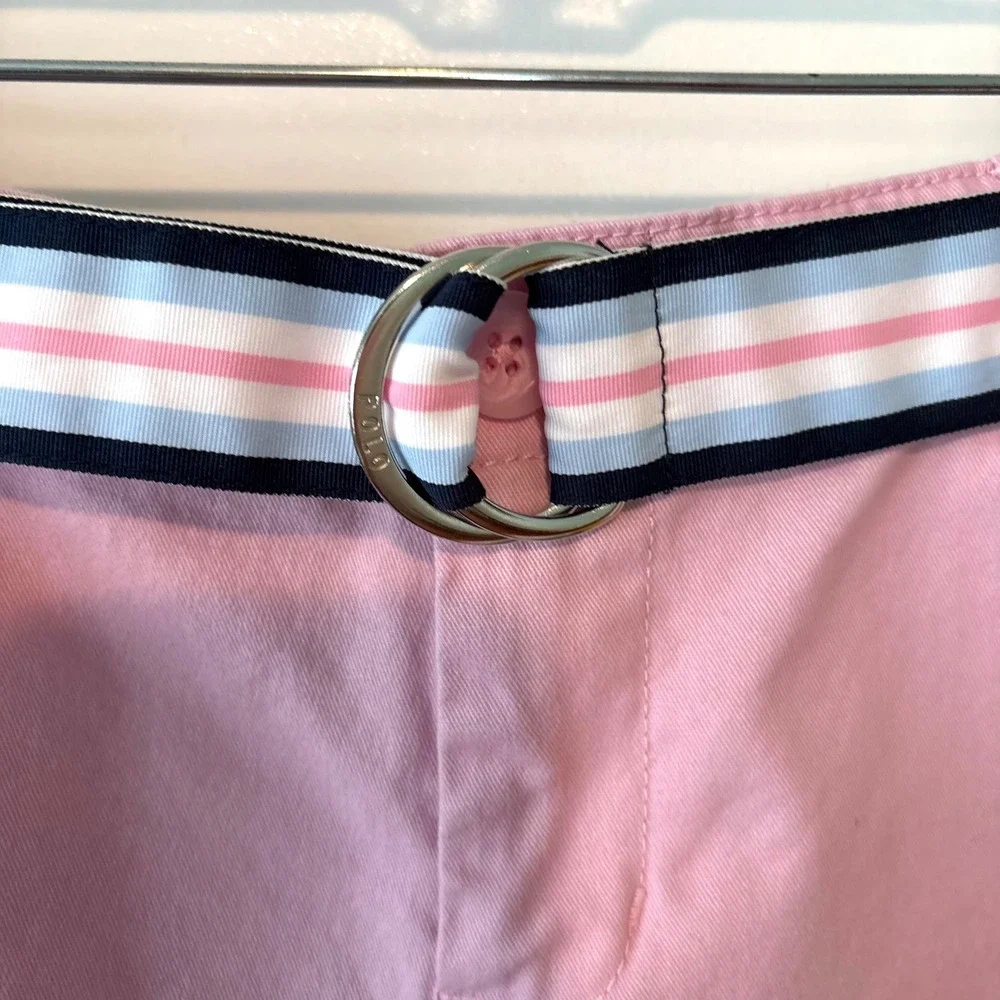 Polo Ralph Lauren Girl's Pink Cotton Blend Chino Shorts Striped Belt Size 12